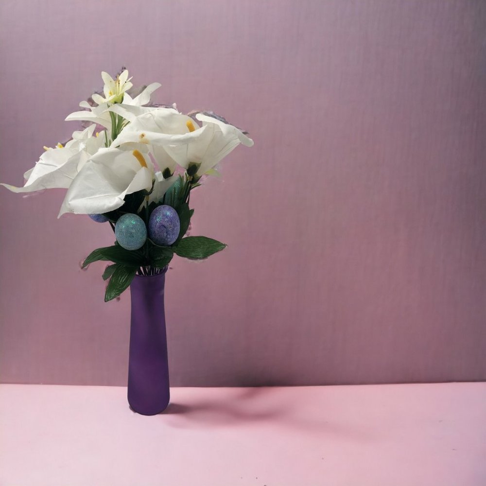 Easter Egg Flower Arrangement with Tall Purple Vase